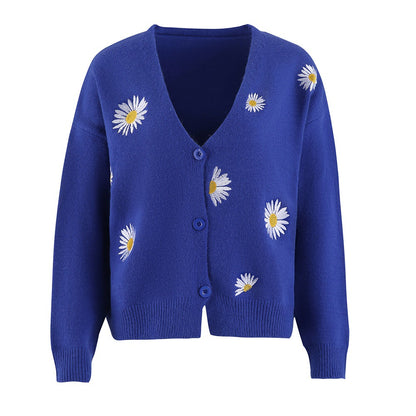 Women's Single Breasted Sweater Chrysanthemum Embroidered Cardigans Coat