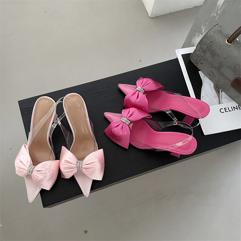 Women's Pointed Toe Stiletto Heels with Rhinestone Bowknot – Low-Cut High Heels