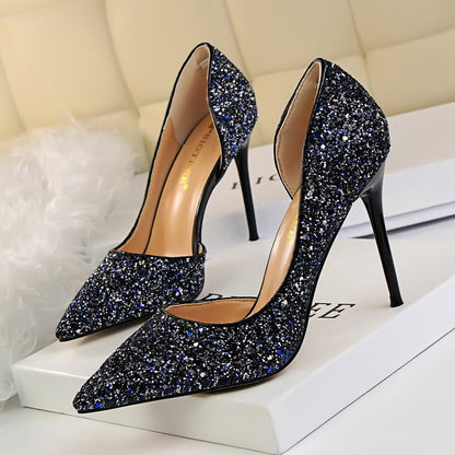 Skinny Women's Stiletto Heels with Pointed Toe, Side Hollow-out, and Sequin Accents