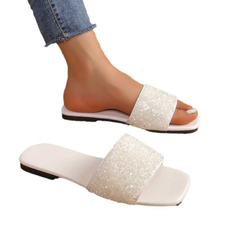 Fashionable Pearl Embellished Flat Slippers for Women