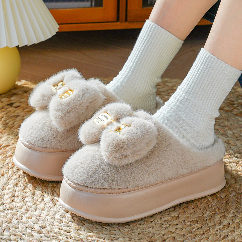 Women's Winter Bowknot Plush Thick-Soled Cotton Slippers