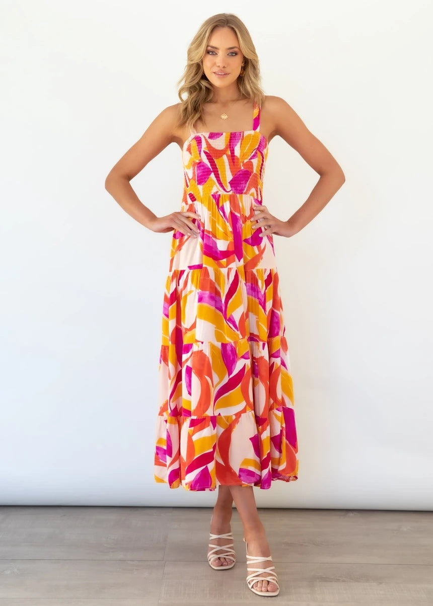 Floral Print Pleated Dress with Sexy Spaghetti Straps