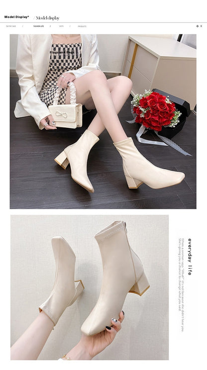 Chunky Heel Short Boots with Square Toe and Back Zip, European and American Style