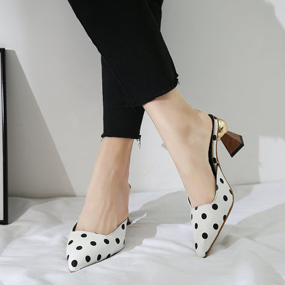 Square Toe Polka Dot Slippers with Thick High Heels and Round Buckle for Women