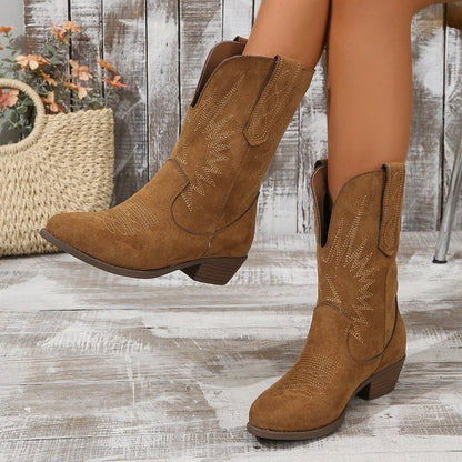 Women's Pointed Toe Western Denim Ankle Boots - Brown Suede Chunky Heel