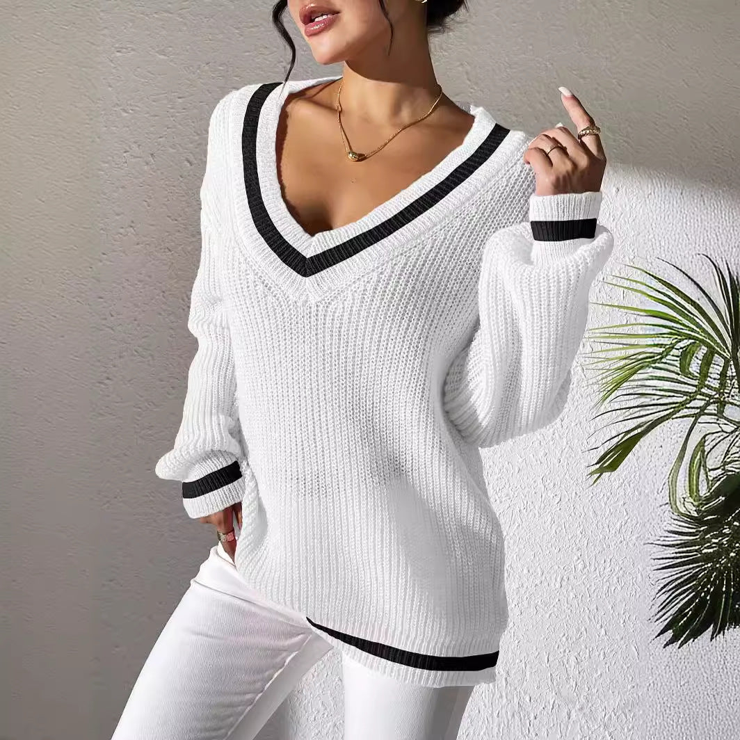 Women's Casual Loose-Fit V-Neck Contrast Color Sweater