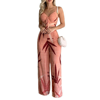 New Linen V-neck Short Vest High Waist Print Wide Leg Pants Two-piece Set