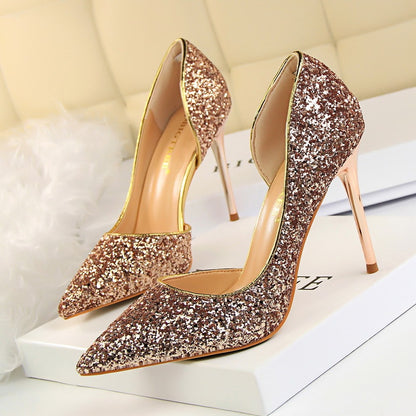 Skinny Women's Stiletto Heels with Pointed Toe, Side Hollow-out, and Sequin Accents