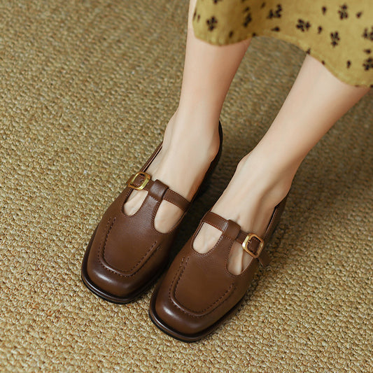 Mid Heel Chunky French Retro Brown Shallow Mouth Pumps