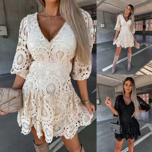 Slimming Lace Waist V-neck Dress for Women