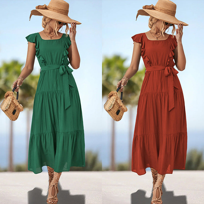 Square Collar Ruffled Dress for European and American Style