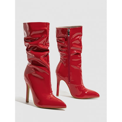 Pointed Stiletto High Heel Boots in Patent Leather with Pile Style Design