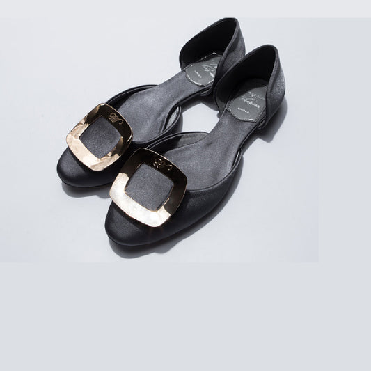 Satin Flats with Square Buckle and Round Toe