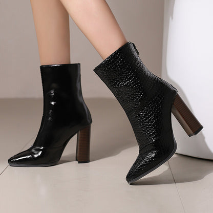 Women's Fleece-Lined High Heel Ankle Boots - French Style for Autumn & Winter