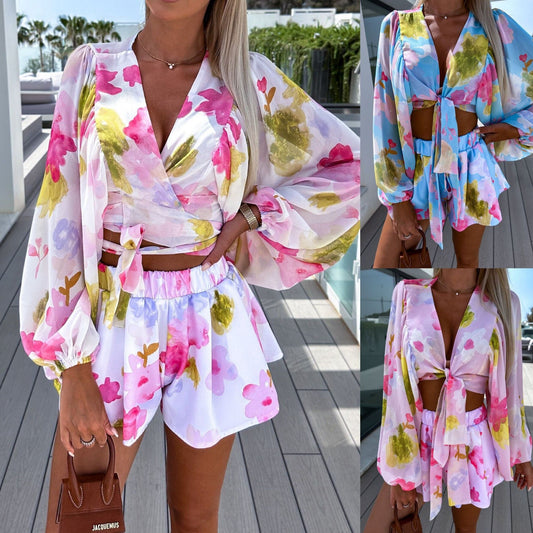 Chiffon Pleated Lantern Sleeve V-neck Shirt with Elastic Waist Straight Shorts - Floral Print Outfit