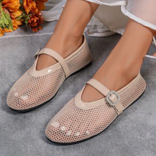 Round Head Rhinestone Buckle Mesh Hollow-Out Women's Sandals