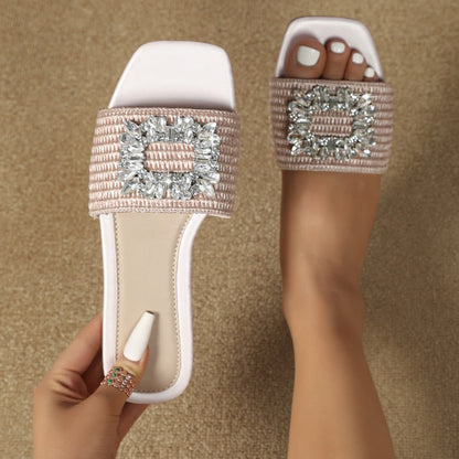 Women's Square Head Straw Rhinestone Flat Slippers for Outdoors, Vacation, and Leisure