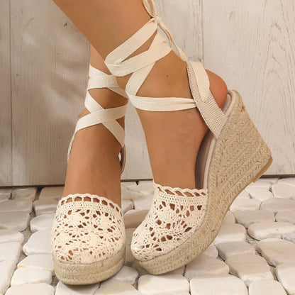 Women's Lace-Up Straw Woven Wedge High Heel Sandals