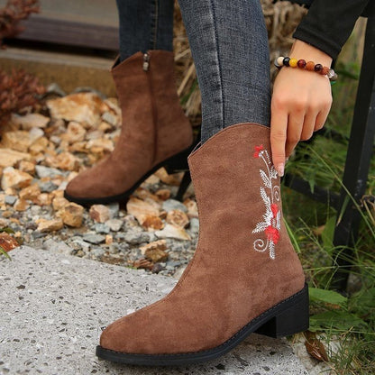 New Women's Mid-Calf Embroidered Boots