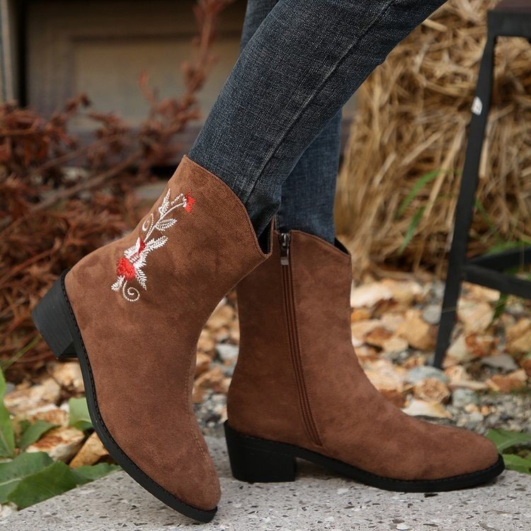 New Women's Mid-Calf Embroidered Boots