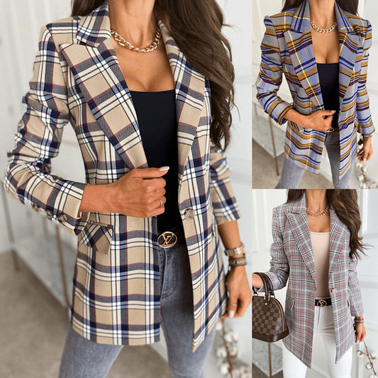 New European And American Women's Long-sleeved Plaid Print Jacket Small Suit