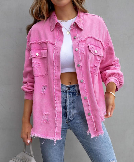 Women's Oversized Frayed Lightweight Denim Jacket Button Down Ripped Distressed Jean Shacket