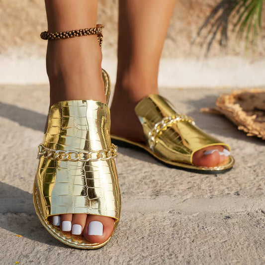 Summer Beach Slippers: Women's Casual Fish Mouth Flat Slides with Patterned Chains