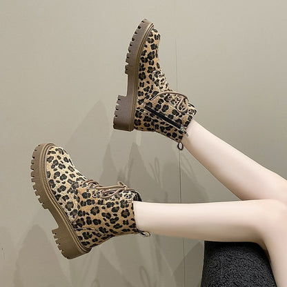 Plus Size Leopard Print Lace-Up Martin Boots with Thick Bottom