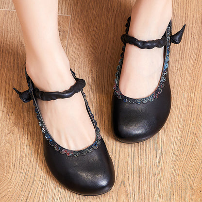 Vintage Chinese Element Thick Heel Single Shoe: Soft Leather, Round Toe, Violet Butterfly Design with Versatile Style