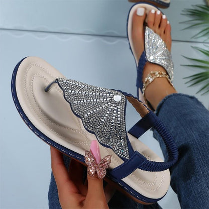 Glass Rhinestone Braided Flip Flop Flats for Women