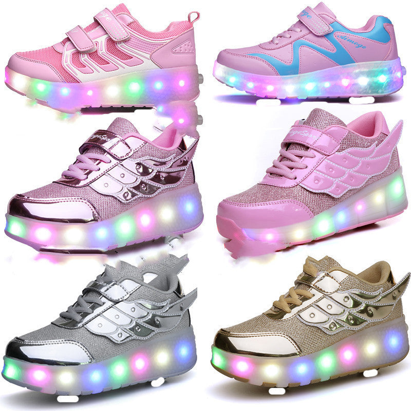 Colorful Led Rechargeable Light Two-Wheel Runaway Shoes Children's Luminous Pulley Shoes