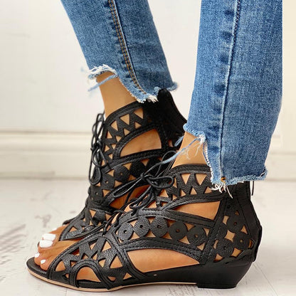 Fish Mouth Cutout Low Wedge Lace-Up Front and Back Zip Ladies Sandals
