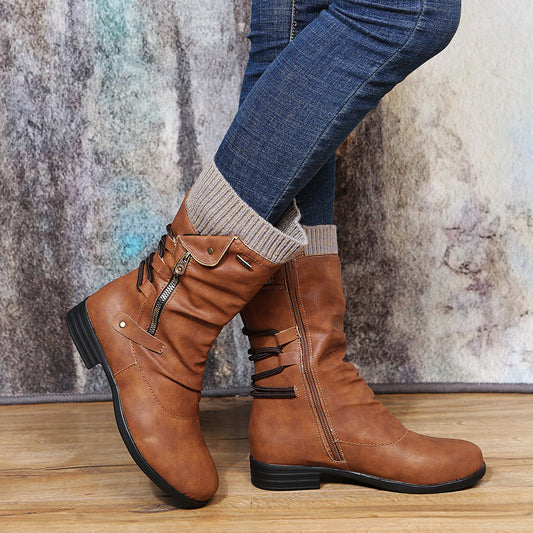 Women's Leather Boots with Side Zipper and Winter Woolen Edge