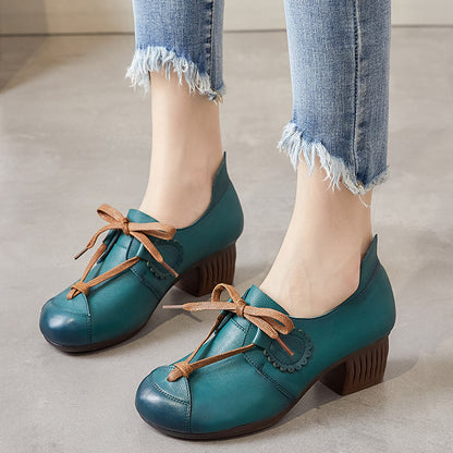 Versatile Ethnic Women's Shoes with Thick Heel: Soft Leather