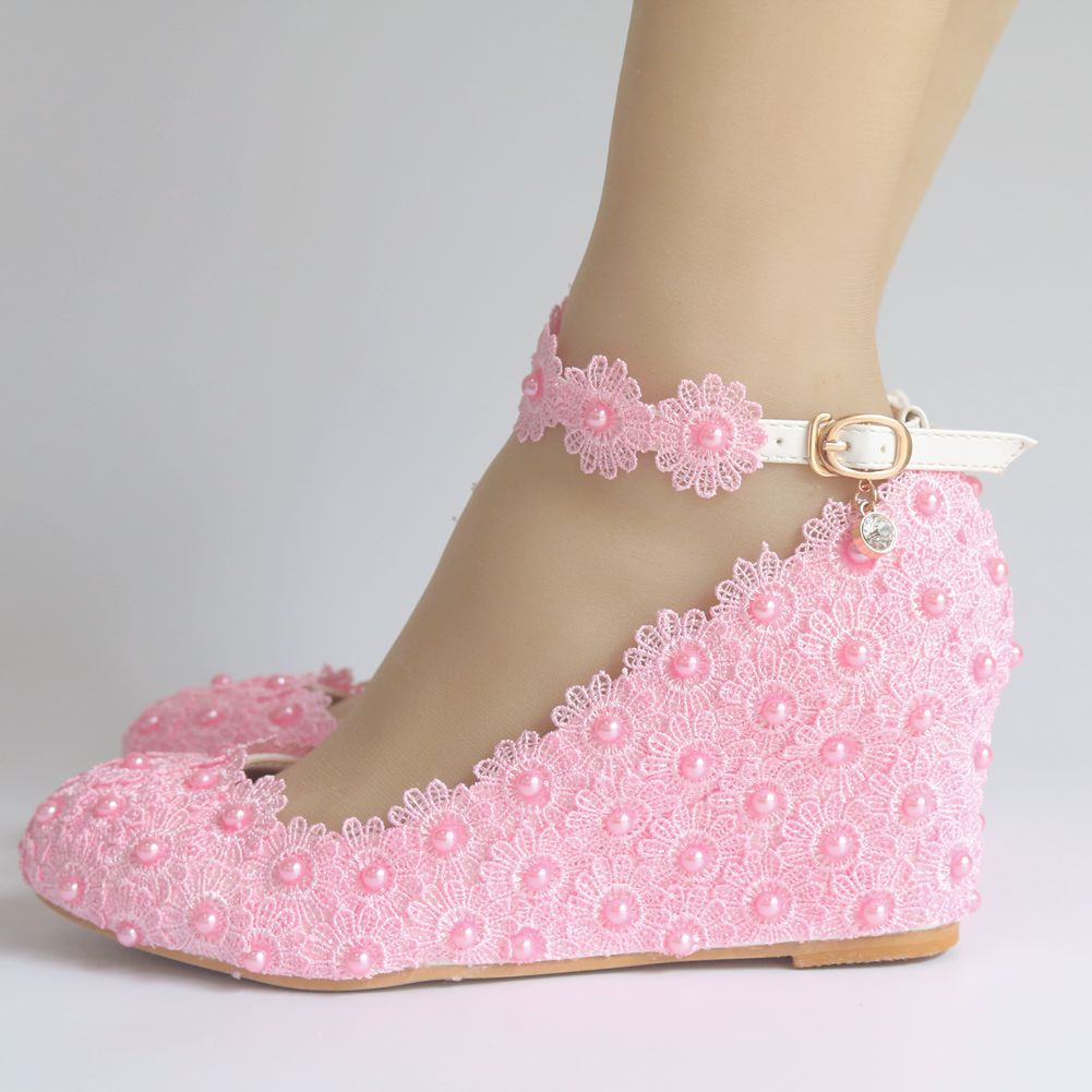 Pearl-Adorned White Lace High Heel Shoes