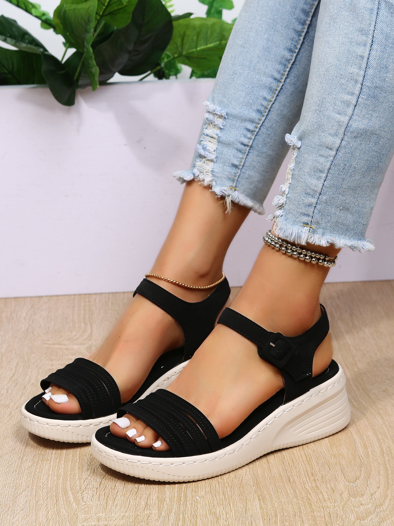 Platform Sandals with Ripped Heel and Stitched Straps