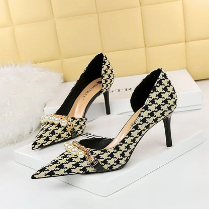 Pearl Embellished Single Shoes for Women with Metal Chain Accent