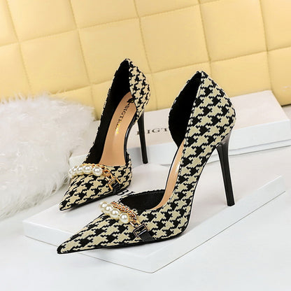 Pearl Embellished Single Shoes for Women with Metal Chain Accent