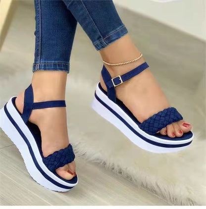 Braided Thick-Bottom Sandals: Weave Style with One-Word Buckle Strap for Women