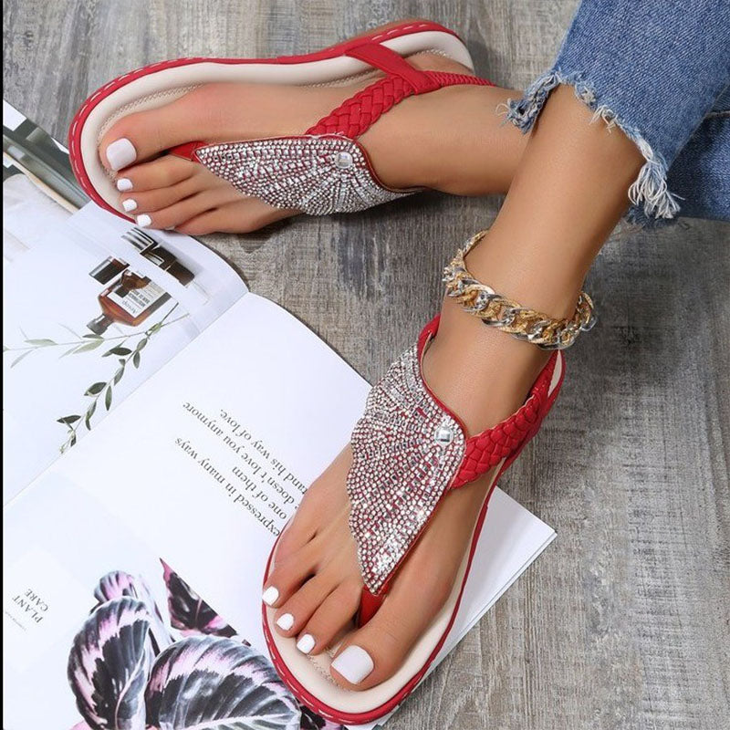 Glass Rhinestone Braided Flip Flop Flats for Women