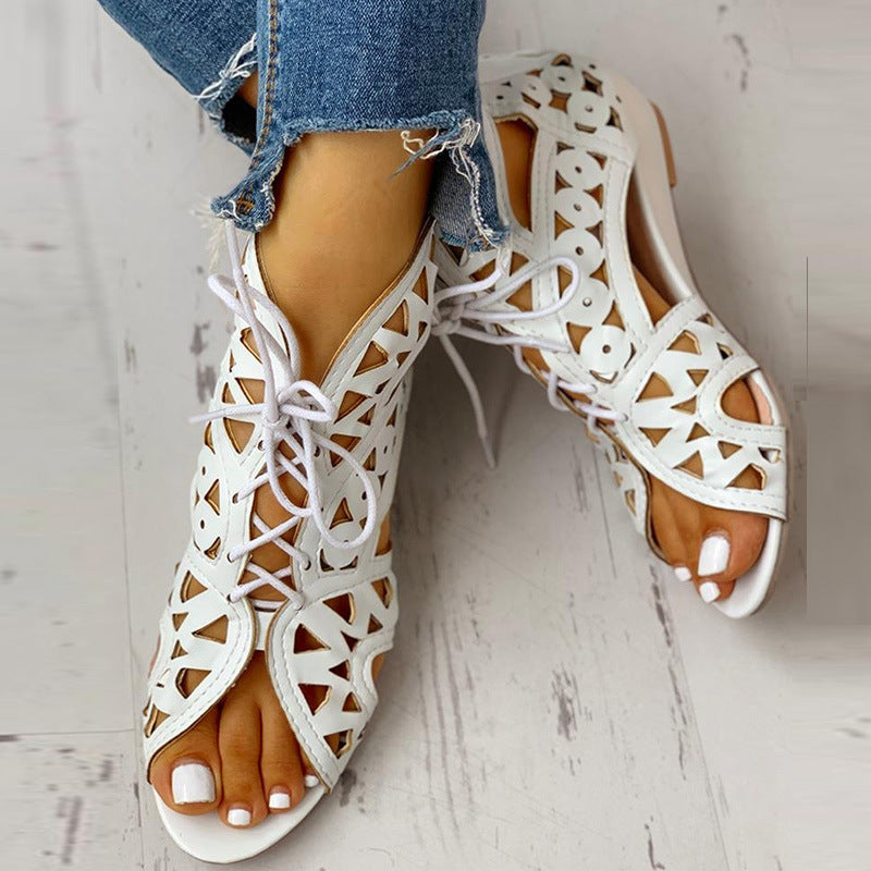Fish Mouth Cutout Low Wedge Lace-Up Front and Back Zip Ladies Sandals