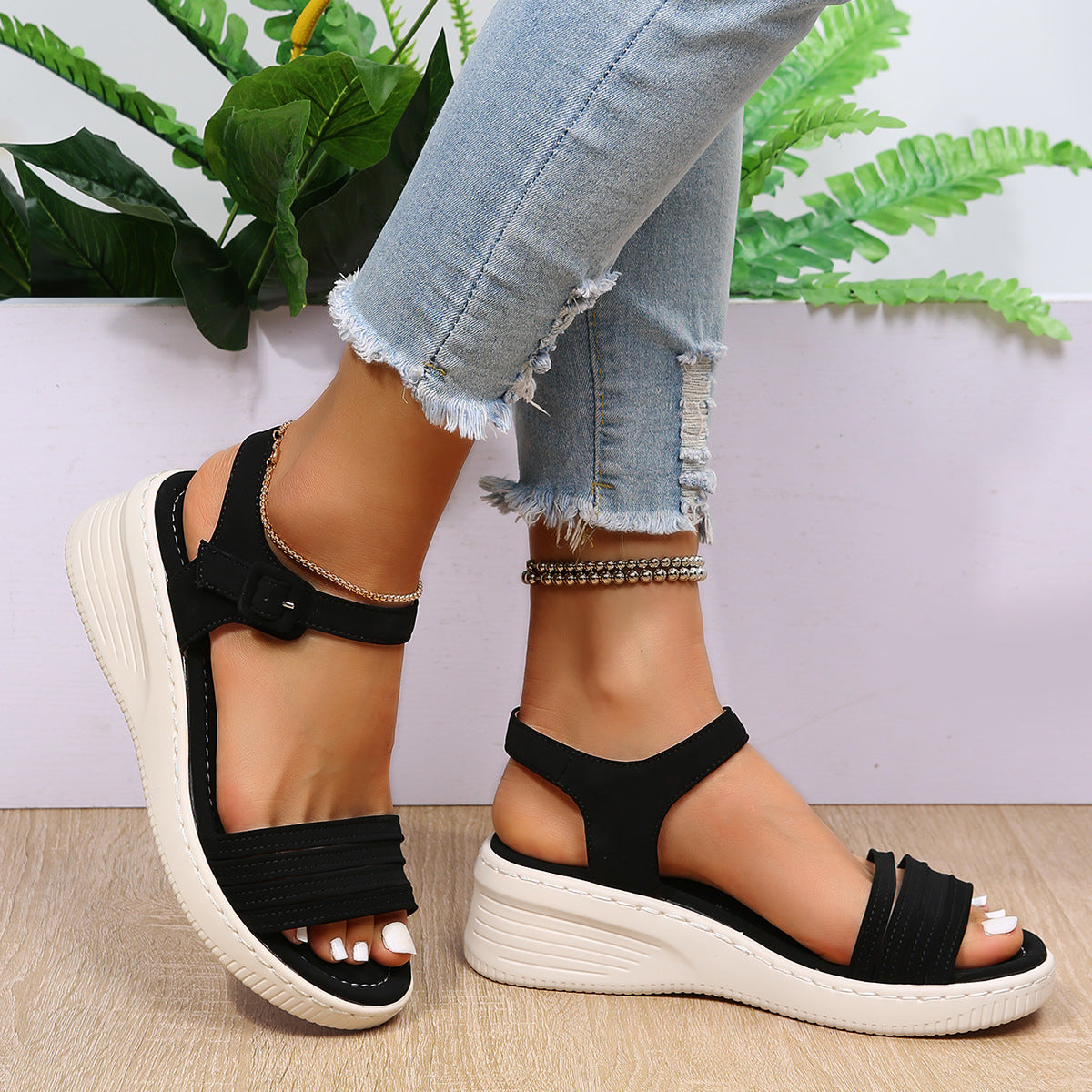 Platform Sandals with Ripped Heel and Stitched Straps