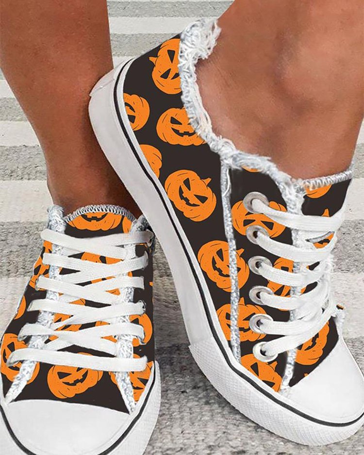 Personality Graffiti Halloween Thanksgiving Print Casual Canvas Shoes Women