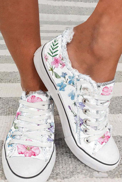 White Floral Canvas Shoes Women Large