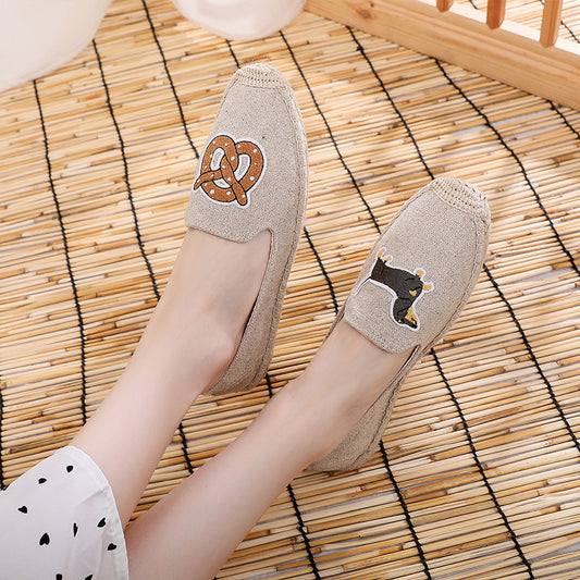 Cartoon Pattern Embroidered Cotton And Linen Shallow Mouth Cloth Shoes