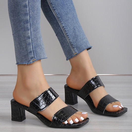 Stone Pattern Women's Sandals Summer Chunky Heel Open Toe Casual Slippers