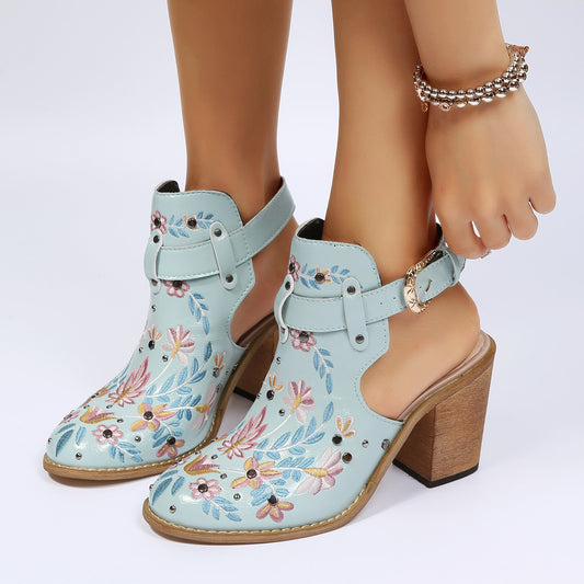 Round Toe Women's New Chunky Heel Embroidered Buckle Boots