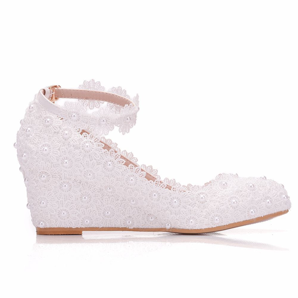 Pearl-Adorned White Lace High Heel Shoes