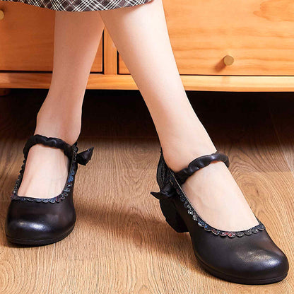 Vintage Chinese Element Thick Heel Single Shoe: Soft Leather, Round Toe, Violet Butterfly Design with Versatile Style