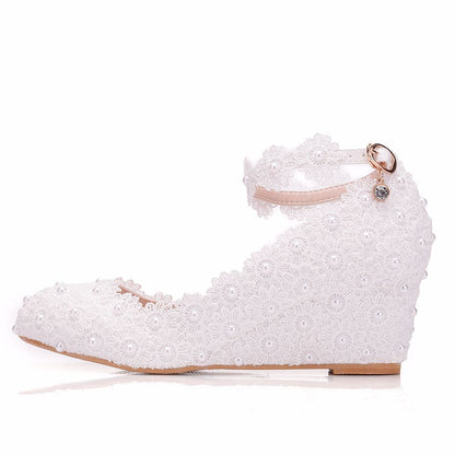 Pearl-Adorned White Lace High Heel Shoes